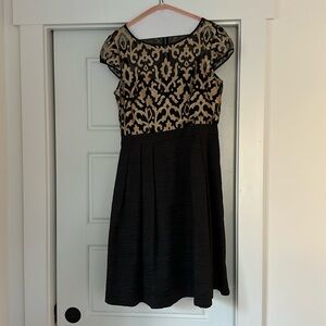 Adrianna Papell Faux Leather Illusion Fit & Flare Cap Sleeve Gold and Black